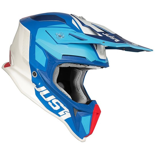 Moto Cross Enduro Helm In Fiber Just1 J18 PULSAR Blau Rot Glänzend