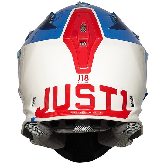 Moto Cross Enduro Helm In Fiber Just1 J18 PULSAR Blau Rot Glänzend