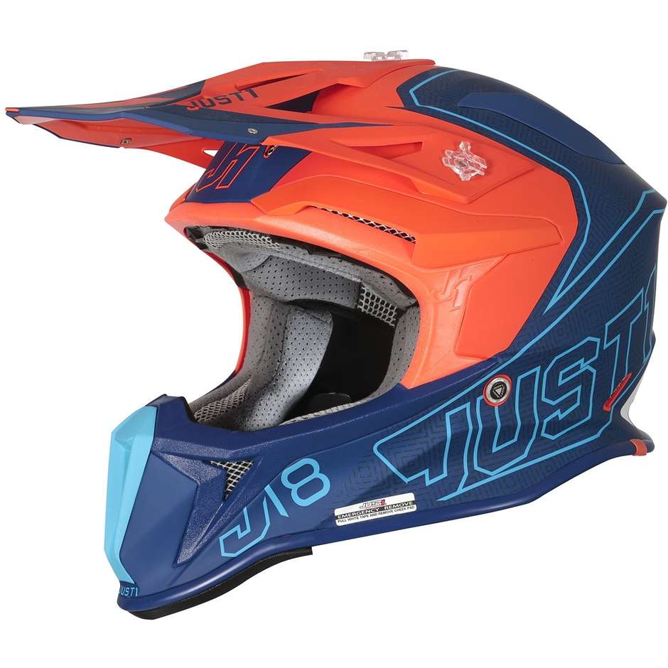 Moto Cross Enduro Helm Just1 J18 + MIPS VERTIGO Blau Weiß Orange Fluo