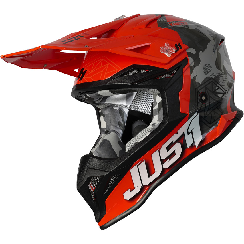 Moto Cross Enduro Helm Just1 J39 KINETIC Camo Grau Rot Fluo Orange
