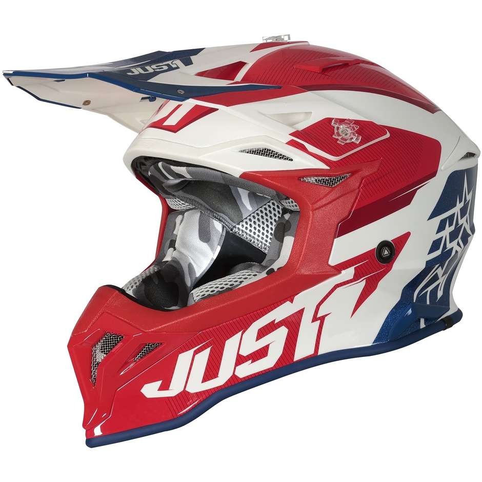 Moto Cross Enduro Helm Just1 J39 STARS Rot Blau Glänzend Weiß