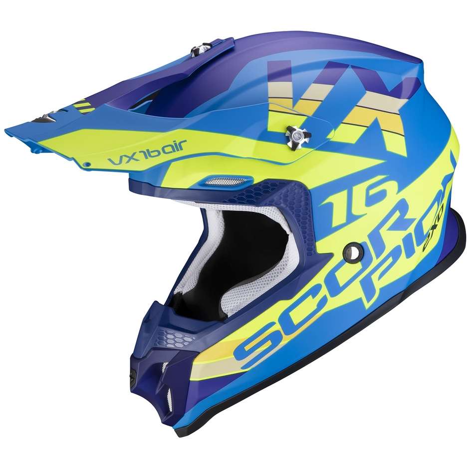 Moto Cross Enduro Helm Skorpion VX-16 AIR X-TURN Blau Gelb Fluo Matt
