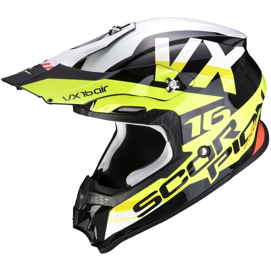 Moto Cross Enduro Helm Skorpion VX-16 AIR X-TURN Schwarz Gelb Fluo Weiß