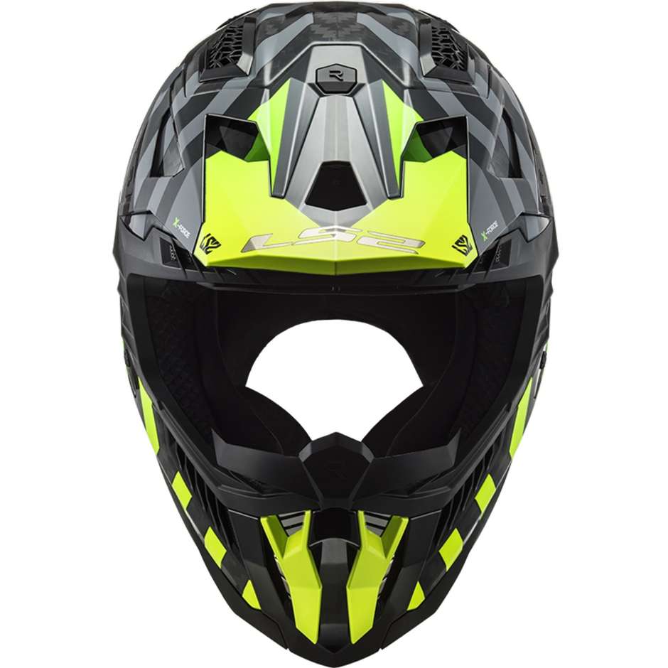 Moto Cross Enduro Helmet In Carbon Ls2 MX703 X-FORCE BARRIER Yellow Fluo Green