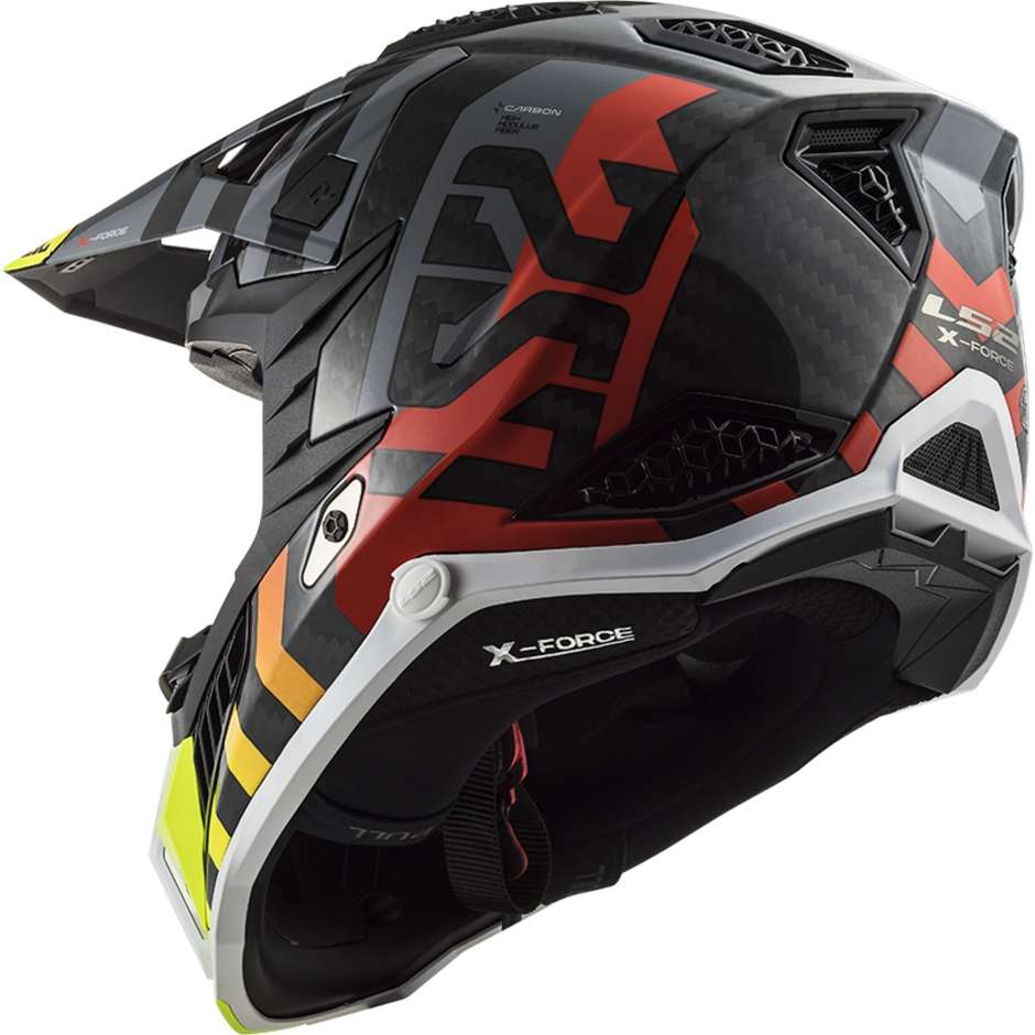 Moto Cross Enduro Helmet In Carbon Ls2 MX703 X-FORCE BARRIER Yellow Fluo Red