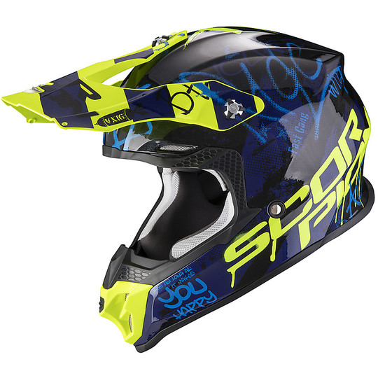Moto Cross Enduro Helmet Scorpion VX-16 Air ORATIO Black Blue Yellow Fluo