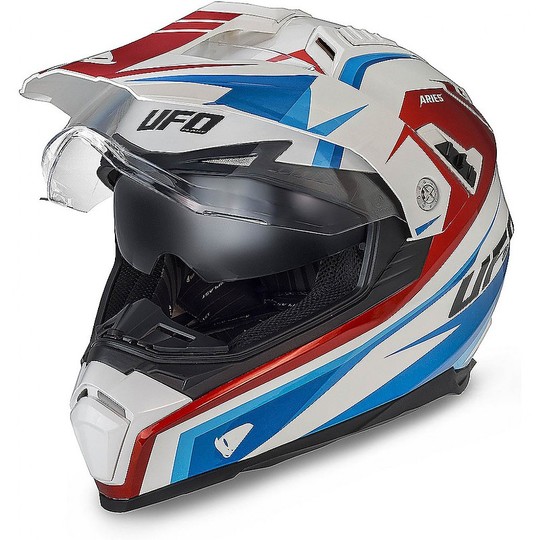 Moto Cross Enduro Ufo Aries Helm mit Visier Rot Blau Weiß Laminiert