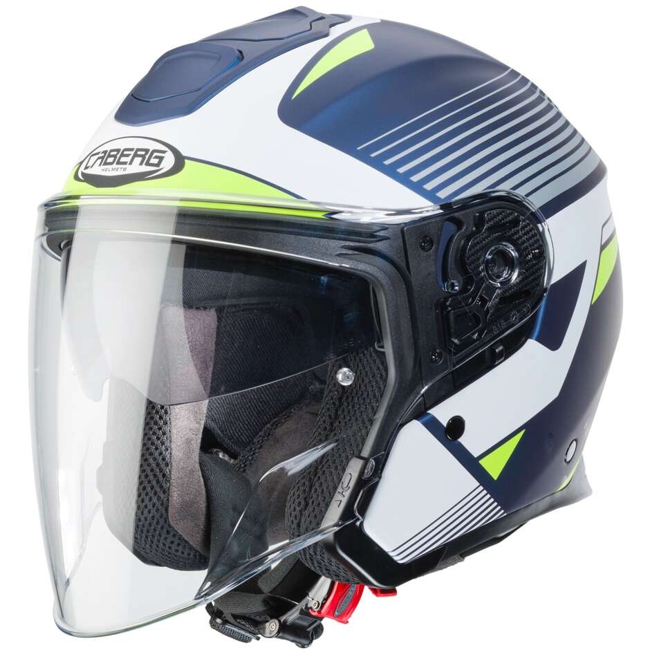 Moto Jet Helm aus Caberg Faser FLYON RIO Matt Blau Yamaha Weiß Gelb Fluo