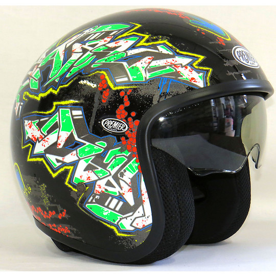 Moto Jet-Helm mit Visier Fiber Premier Vintage-Parasol GR9 Gloss Black