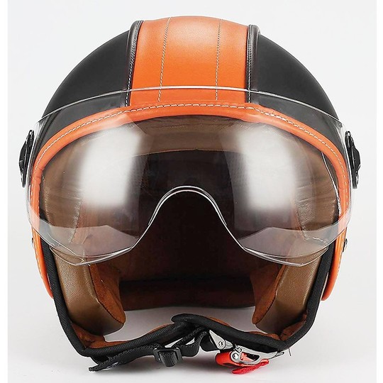 Moto Jet Helmet BHR 801 D Leather Covered Bicolor Black Orange