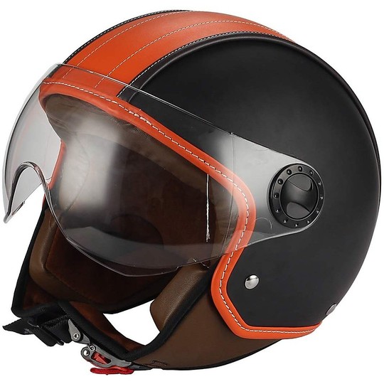 Moto Jet Helmet BHR 801 D Leather Covered Bicolor Black Orange