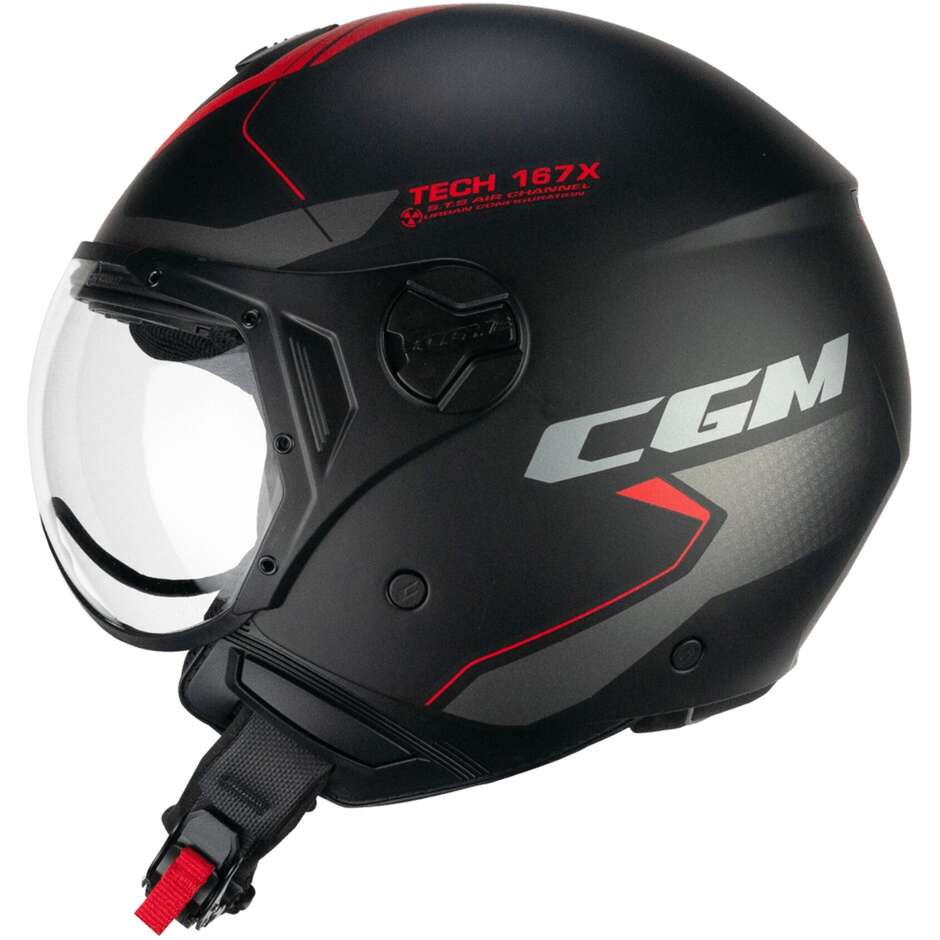 Moto Jet Helmet CGM 167X FLO TECH Black Red Matt - Shaped Visor
