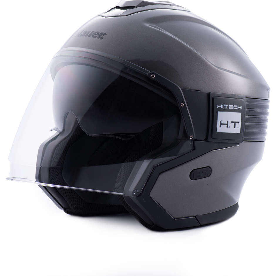 Moto Jet Helmet in Blauer HACKER Titanium Glossy Black Fiber