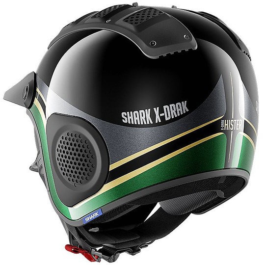 Moto Jet Helmet in Fiber Shark X-DRAK HISTER Black Green Gold
