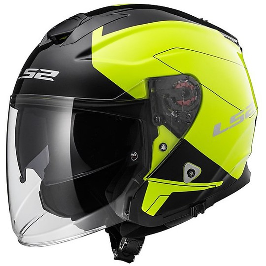 Moto Jet helmet LS2 OF521 Double Visor Infinity Beyond Black Yellow Hy Vision