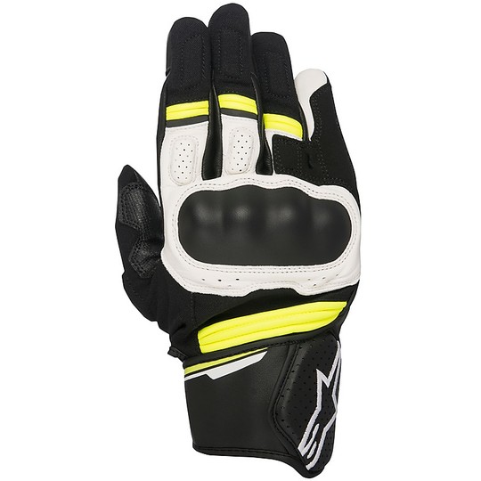 Moto Leather Gloves Alpinestars BOOSTER Black White Yellow Fluo