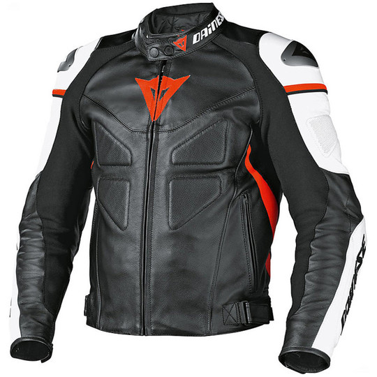 Moto Leather Jacket Dainese AVRO C2 LEATHER Black White Red Fluo