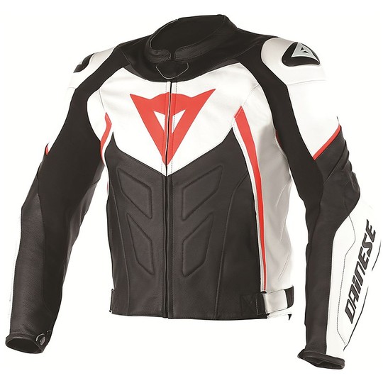 Moto Leather Jacket Dainese Avro D1 White / Black / Red Fluo