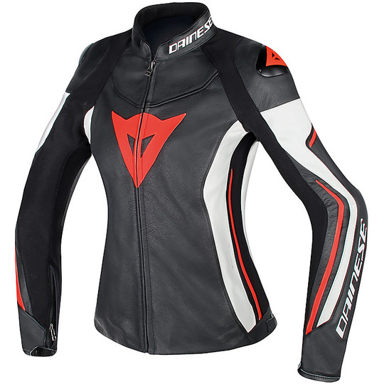 Moto Leather Jacket Dainese Lady Model Assen Black White Red Fluo