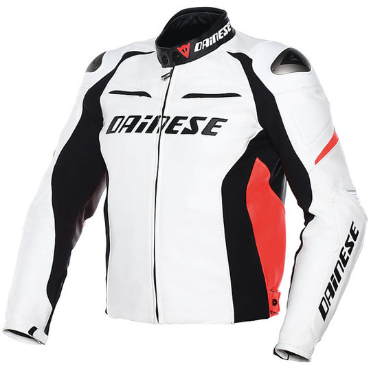 Moto Leather Jacket Dainese RACING LEATHER D1 White Black Red 