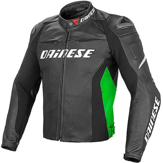 Moto Leather Jacket Dainese SUPER FAST SKIN Perforated Black Green Fluo