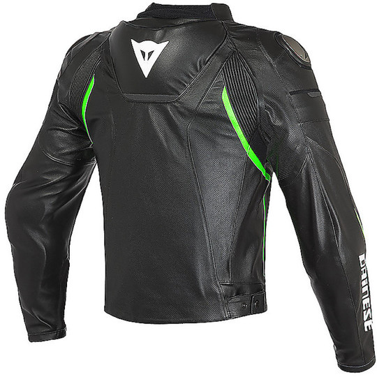 Moto Leather Jacket Dainese SUPER FAST SKIN Perforated Black Green Fluo