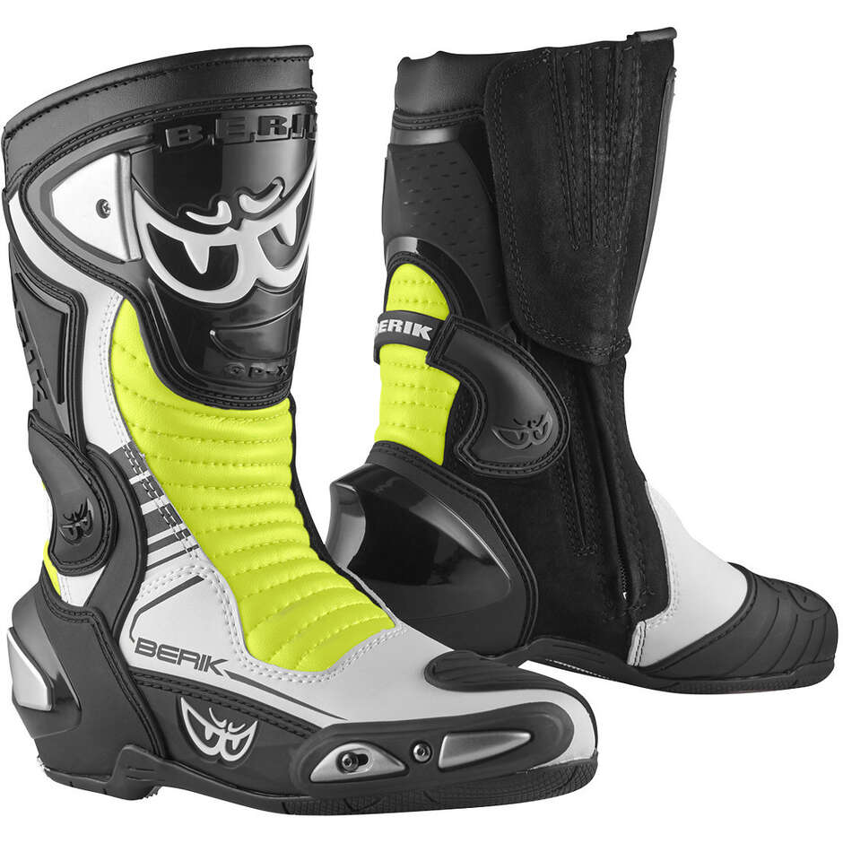 Moto Racing Boots in Berik 2.0 RACE-X EVO Leather Black White Yellow Fluo