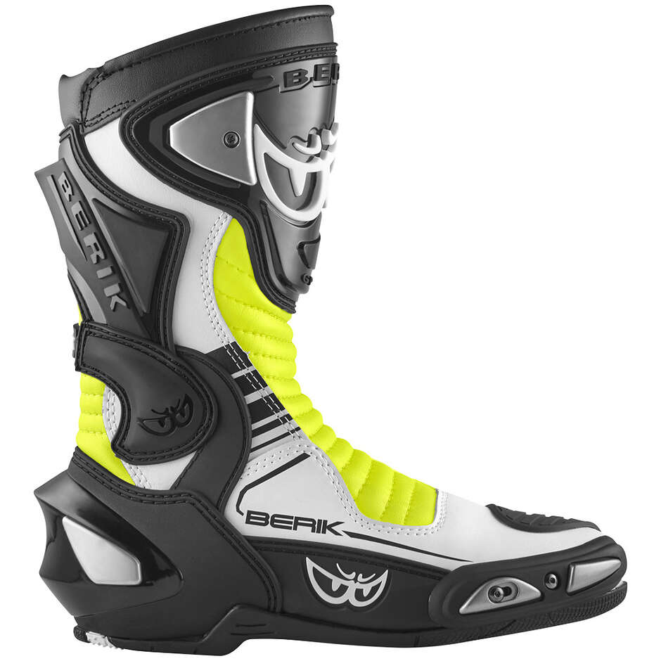 Moto Racing Boots in Berik 2.0 RACE-X EVO Leather Black White Yellow Fluo