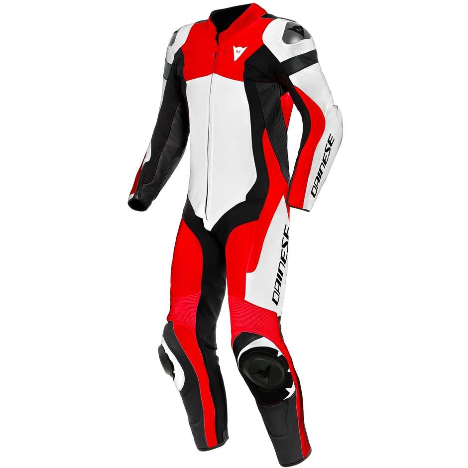 Moto Racing Full Suit in Dainese ASSEN 2 Leather 1pc Perforated White Lava Red Fluo