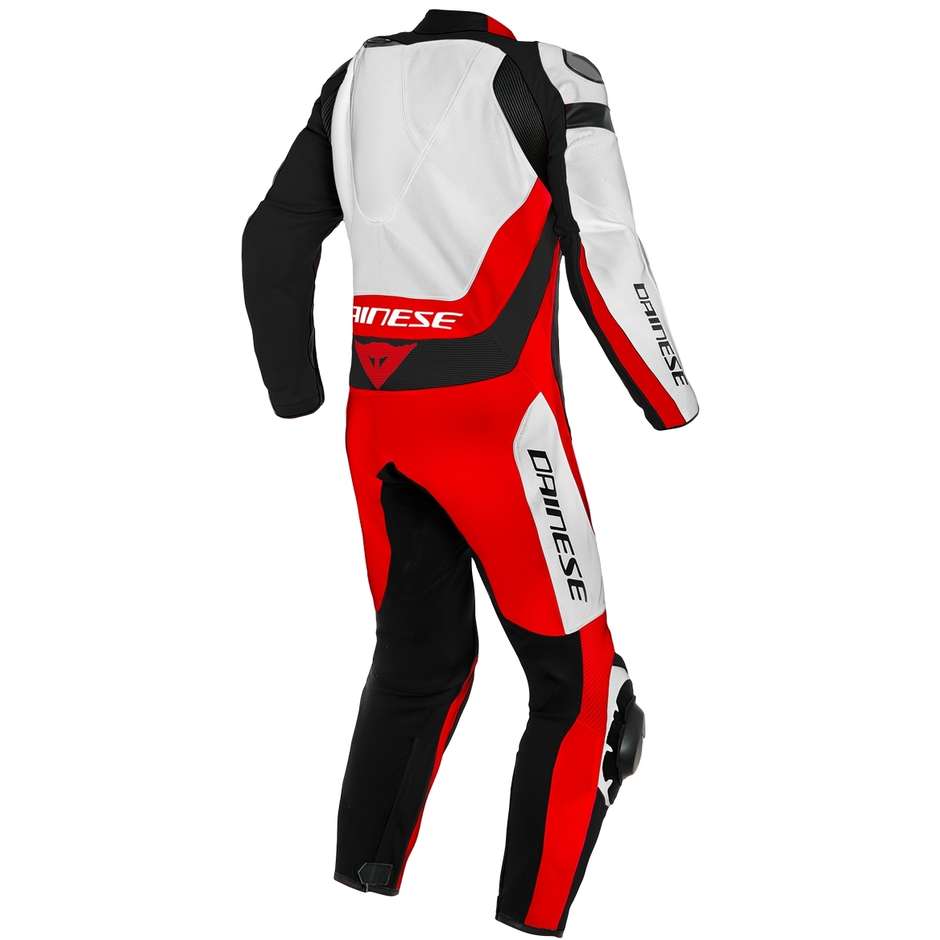 Moto Racing Full Suit in Dainese ASSEN 2 Leather 1pc Perforated White Lava Red Fluo