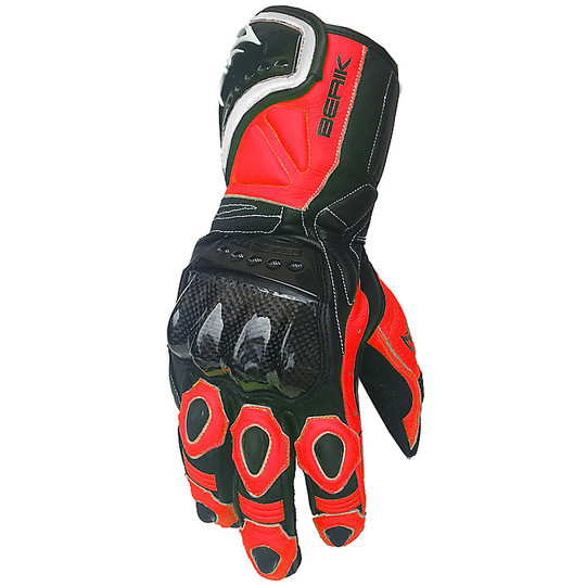 Moto Racing Gloves In Berik Leather 2.0 185301 Red Fluo Black