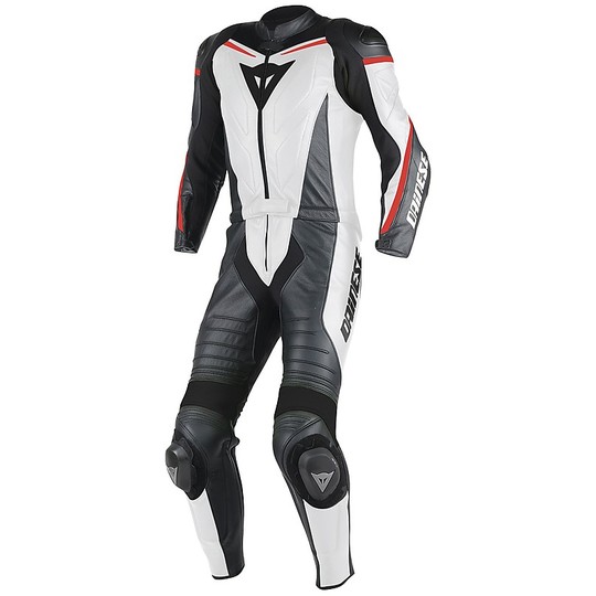 Moto suit Divisible Dainese Leather Perforated Laguna Seca D1 White Black Red Fluo