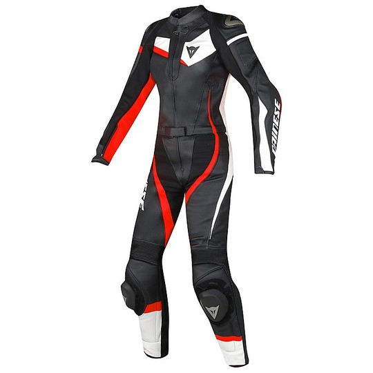Moto suit Divisible Dainese Leather Veloster Lady Black / White / Red Fluo