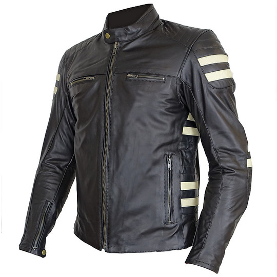 Moto Tech Jacke aus echtem Leder PXT Stripes Schwarz Beige
