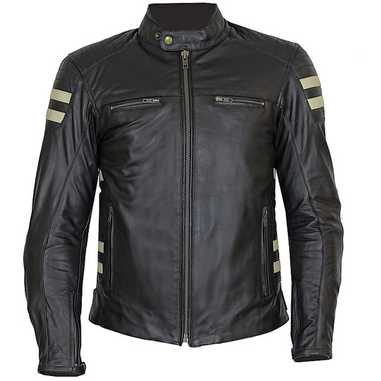 Moto Tech Jacke aus echtem Leder PXT Stripes Schwarz Beige