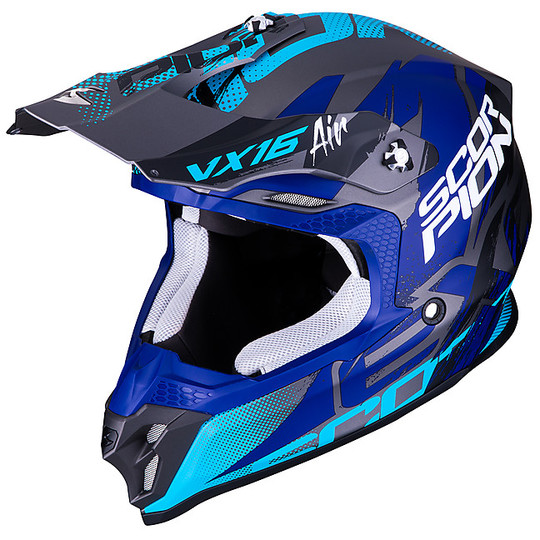 Motocross Helm Cross Enduro Scorpion VX-16 ALBION Silber Matt Blau