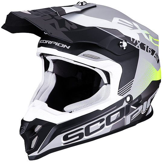 Motocross Helm Cross Enduro Scorpion VX-16 ARHUS Silber Deckgelb