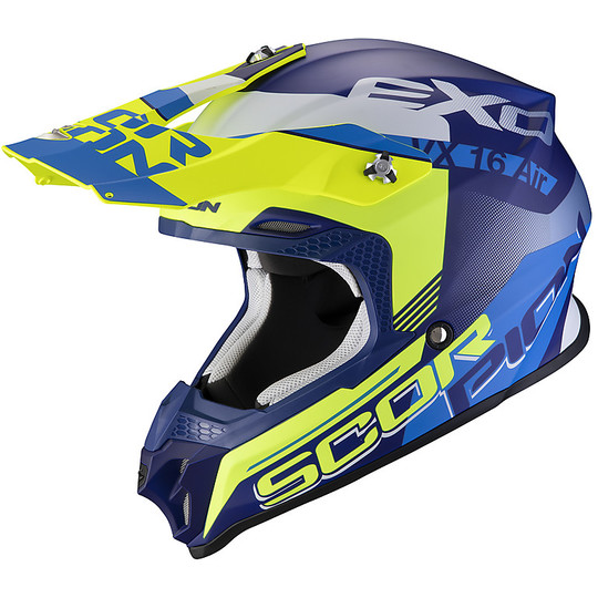 Motocrosshelm Enduro Scorpion VX-16 ARHUS Blau Matt Gelb Fluo