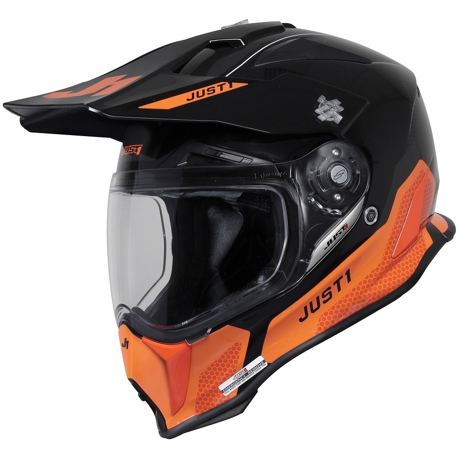 Motorcycle Adventure Helmet in Just1 J14-F ELITE Fiber Black Orange Fluo