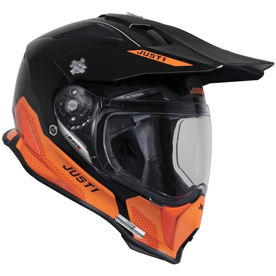 Motorcycle Adventure Helmet in Just1 J14-F ELITE Fiber Black Orange Fluo