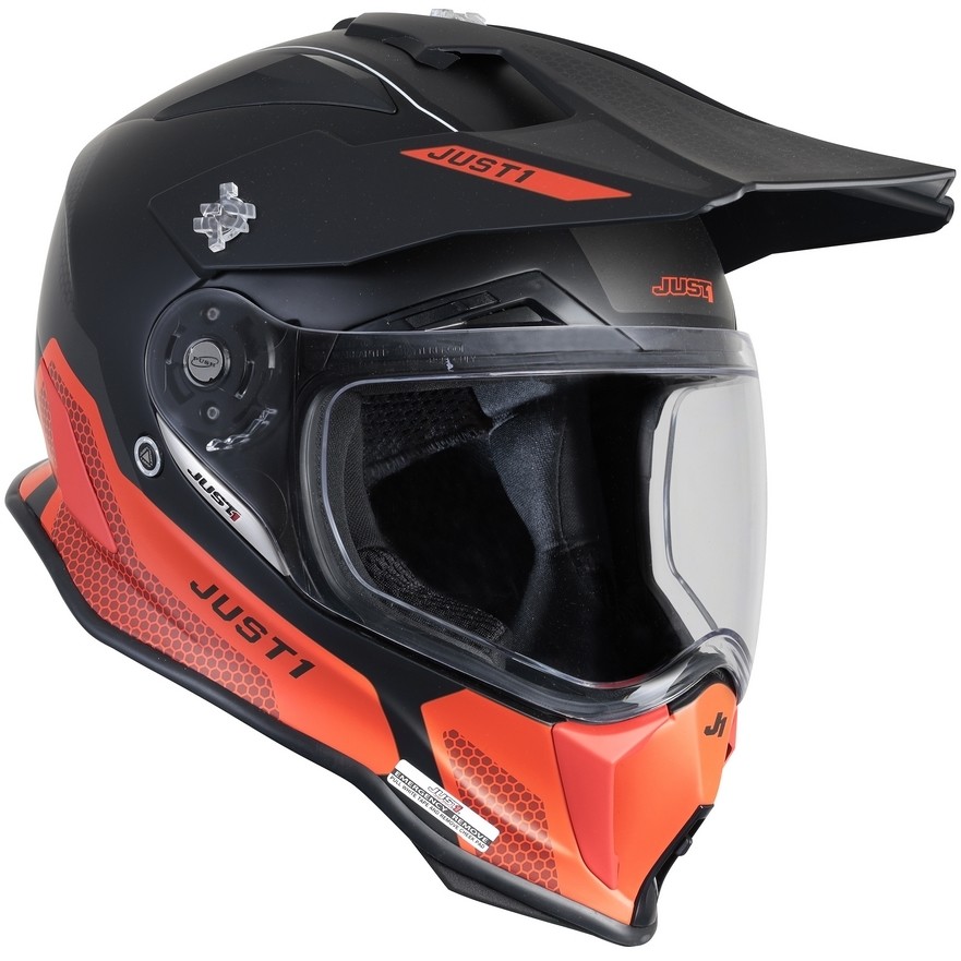 Motorcycle Adventure Helmet in Just1 J14-F ELITE Fiber Black Red Fluo