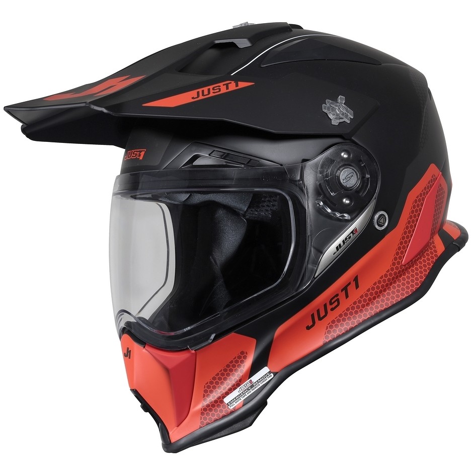 Motorcycle Adventure Helmet in Just1 J14-F ELITE Fiber Black Red Fluo