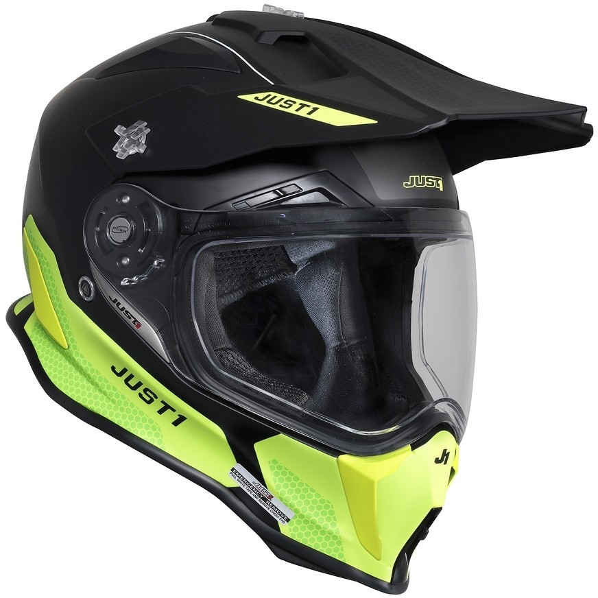 Motorcycle Adventure Helmet in Just1 J14-F ELITE Fiber Black Yellow Fluo