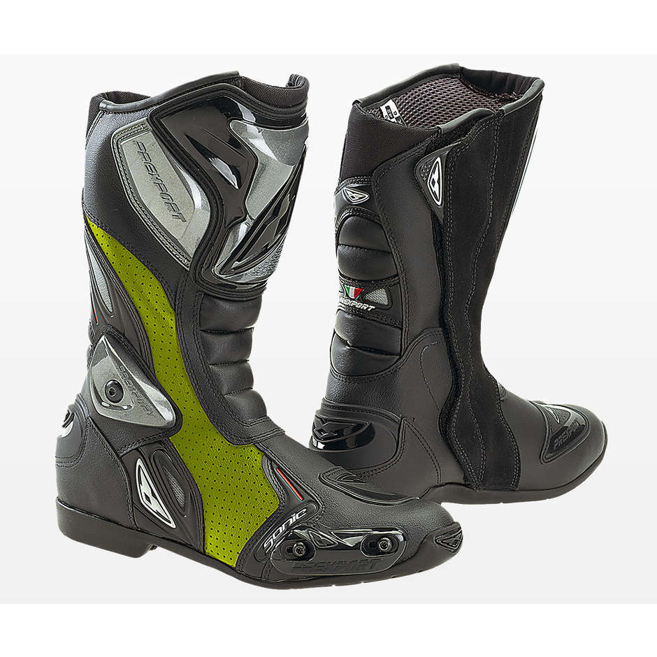Motorcycle Boots Racing Prexport Sonic Vented Color Black Yellow Fluo