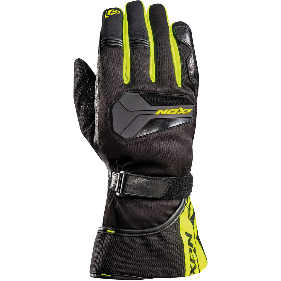 Motorcycle Gloves in Ixon Waterproof Fabric and Leather PRO ATOM Black Yellow Fluo