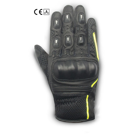 Motorcycle Gloves in Leather and Fabric Certified Oj Atmosfere G198 AREA Black Yellow Fluo