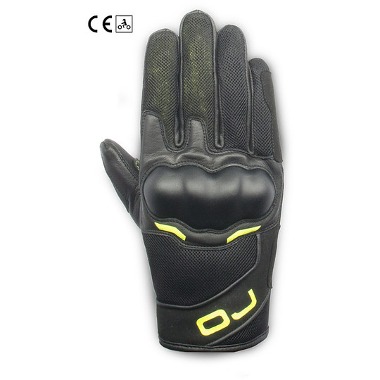 Motorcycle Gloves in Leather and Fabric Certified Oj Atmosphere G199 SNEAK Black Yellow Fluo
