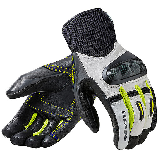 Motorcycle Gloves In Leather and Fabric Touring Rev'it PRIME White Yellow