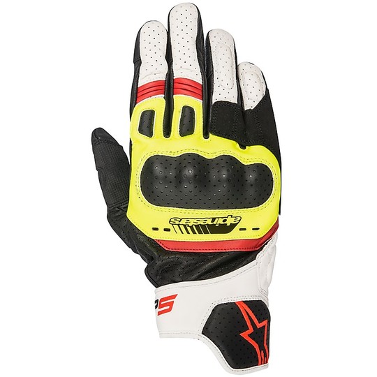 Motorcycle Gloves Leather Perforated Alpinestars SP-5 Fluorescent Yellow Black Red White