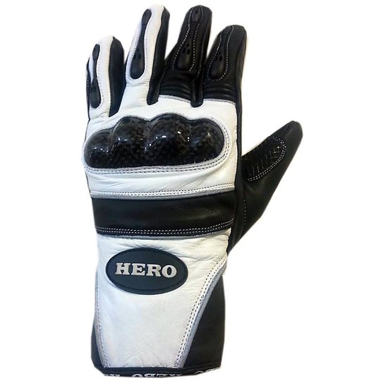 Motorcycle Gloves Leather Racing Hero With Protections Carbon White Black